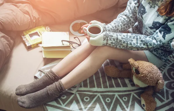 Picture girl, coffee, cookies, Girl, Cup, bed, book, book