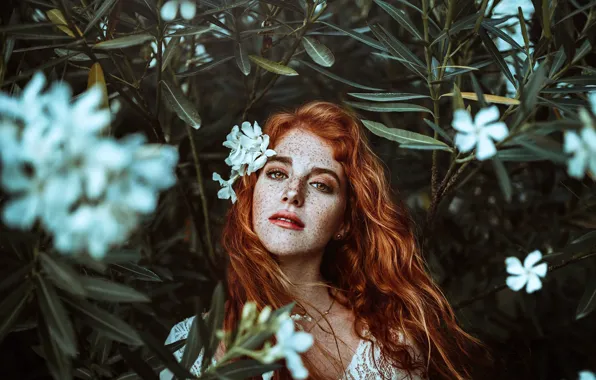Flowers, freckles, redhead, curls, Camila, Ronny Garcia