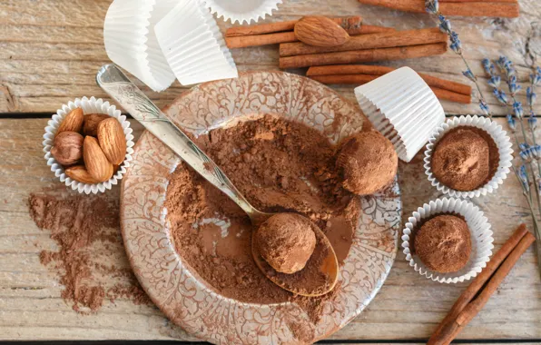 Chocolate, candy, nuts, cinnamon, almonds, cinnamon, chocolate truffle