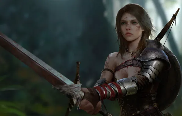 Girl, weapons, sword, armor, warrior, by Jun Rao