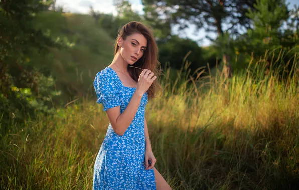 Grass, look, girl, pose, dress, nature, Dmitry Shulgin