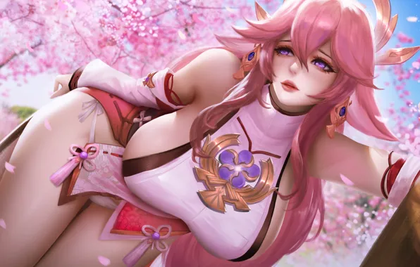 The sky, girl, Sakura, genshin impact, by turewindwalker, yae miko