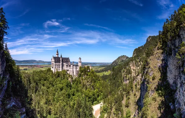 Picture the sky, clouds, trees, mountains, lake, Germany, Bayern, Neuschwanstein castle