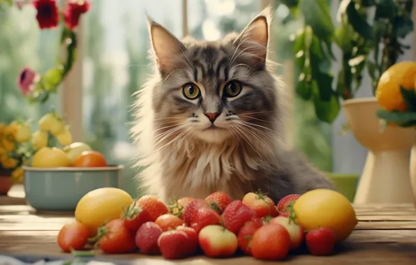 Cat, summer, cat, look, leaves, pose, berries, kitty