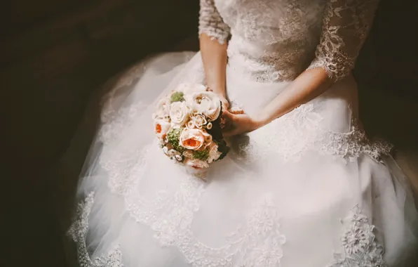 Bouquet, dress, the bride, wedding