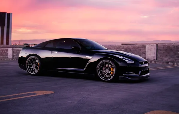 Picture GTR, Nissan, Car, Sky, Wall, Front, Black, Sunset