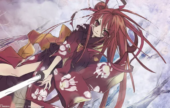 Katana, girl, pendant, yukata, long hair, Shakugan no Shana, the cherry blossoms