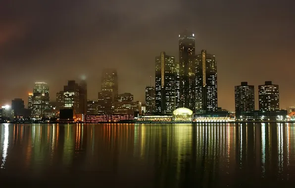 Sea, water, landscape, night, lights, fog, reflection, the ocean