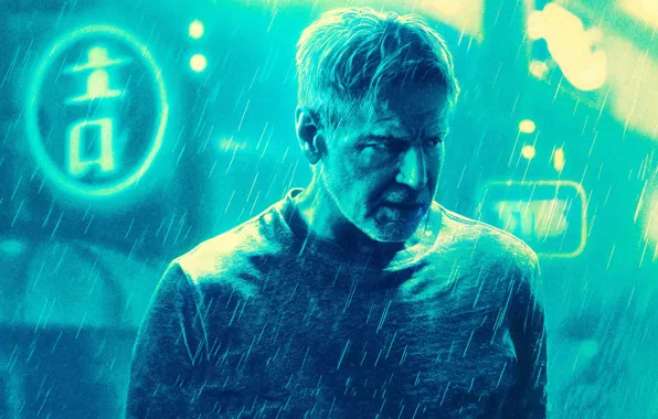 Picture fiction, rain, Thriller, poster, neon light, Harrison Ford, Harrison Ford, Rick Deckard