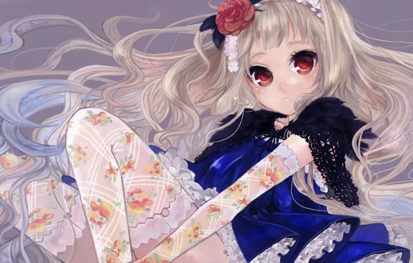 Stockings, girl, sitting, knees, ruffles, flower in hair, big eyes, the Cape