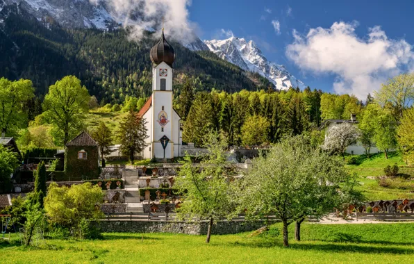Trees, mountains, Germany, Bayern, Church, Germany, Bavaria, Bavarian Alps