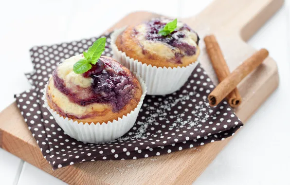 Picture cinnamon, mint, cakes, jam, cupcakes, powdered sugar, Muffin