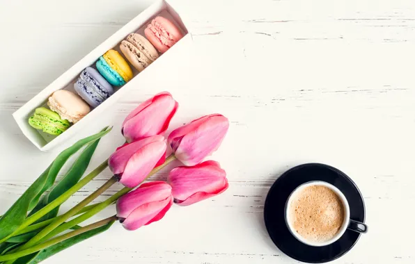 Box, coffee, cookies, Cup, tulips