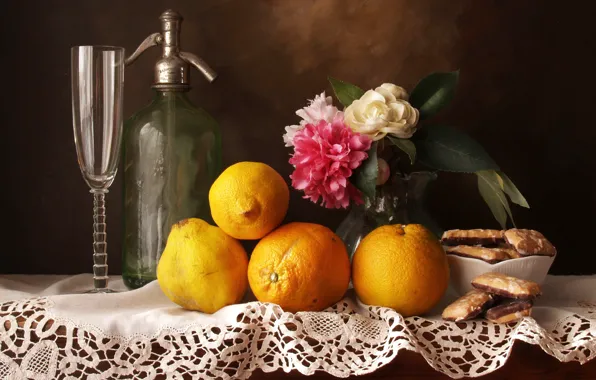 Flowers, lemon, glass, bottle, still life, quince