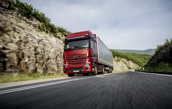 Road, red, Mercedes-Benz, tractor, 4x2, Actros, the trailer