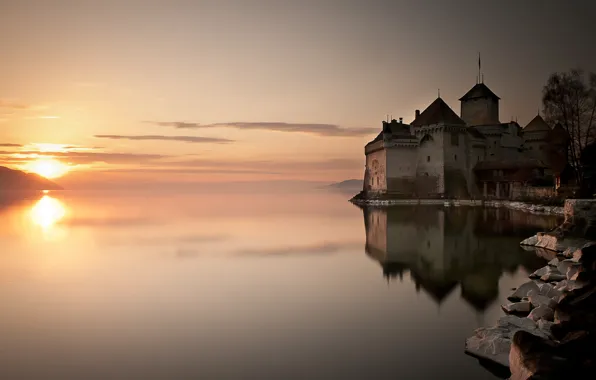 Water, the sun, lake, reflection, castle