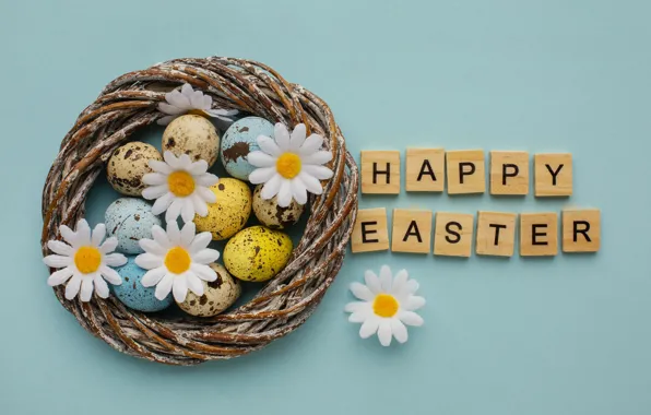 Flowers, letters, holiday, the inscription, cubes, chamomile, eggs, spring