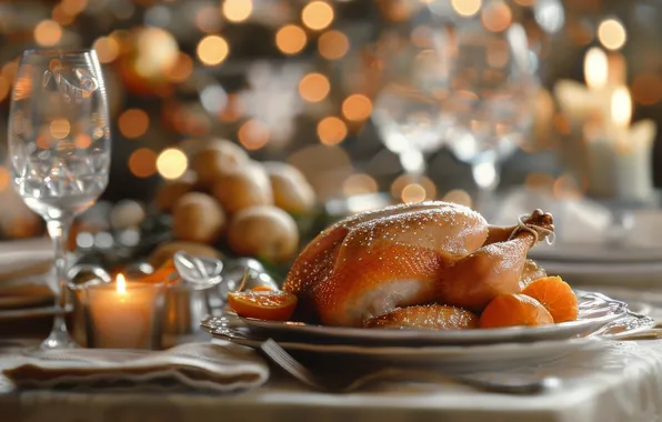 Lights, table, glass, food, candle, Christmas, meat, plates