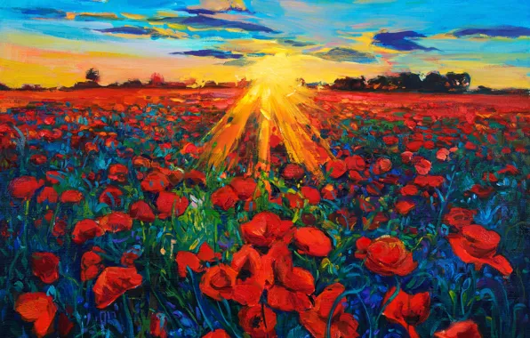 The sky, the sun, landscape, flowers, nature, painting