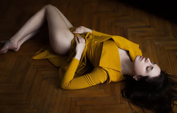 Girl, dress, legs, in yellow, Andrey Frolov