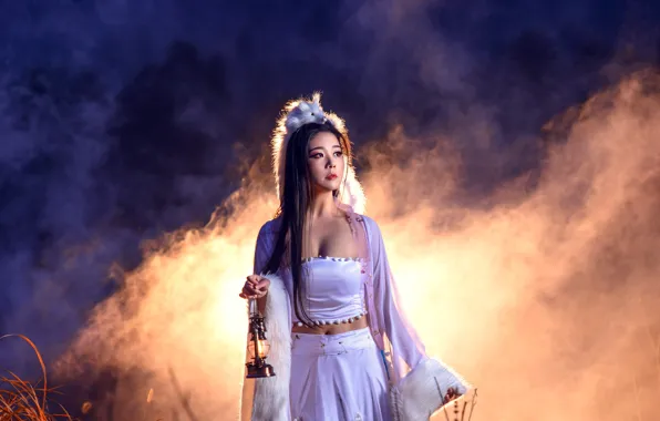 White, look, girl, light, night, fog, smoke, couples