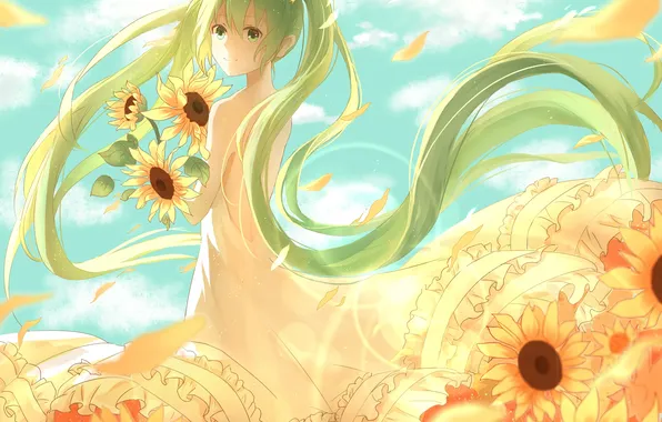 Field, girl, sunflowers, flowers, dress, art, vocaloid, hatsune miku