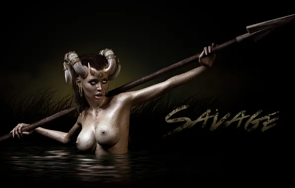 Chest, look, girl, the demon, horns, spear