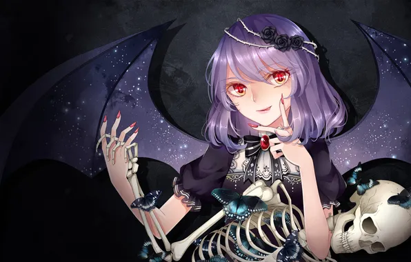 Picture girl, butterfly, roses, wings, skeleton