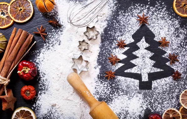 Picture tree, orange, New Year, Christmas, cinnamon, merry christmas, flour, decoration