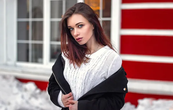 Winter, look, snow, Girl, shoulders, Ivan Shcheglov