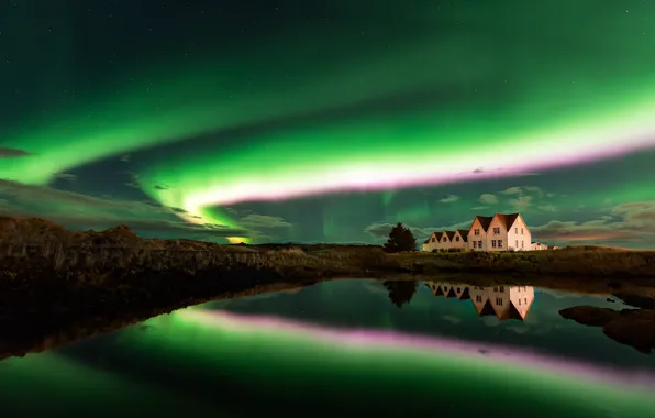 The sky, mountains, night, lake, reflection, Northern lights, houses, pond