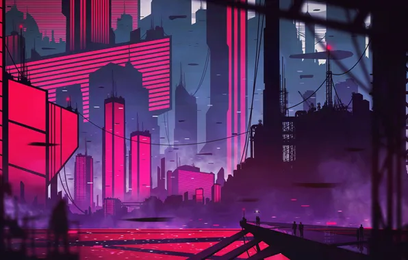 The city, Future, People, Silhouette, Skyscrapers, Architecture, Art, Fiction
