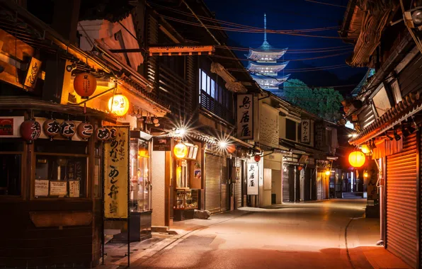 Night, lights, street, home, Japan, lights, Miyajima
