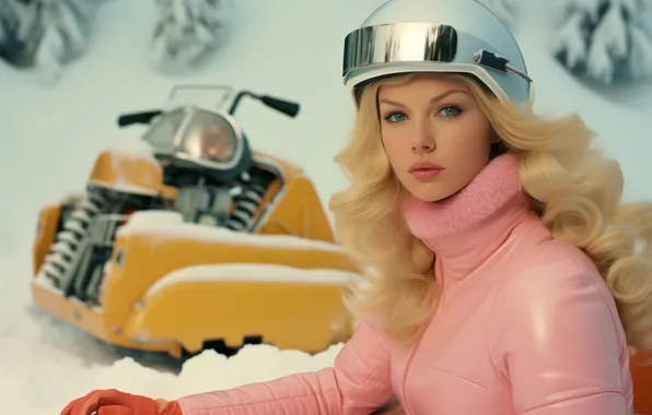 Winter, forest, look, girl, snow, portrait, blonde, helmet