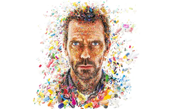 Picture face, collage, Hugh Laurie, pills, Dr. House, medicine, capsules, Gregory House
