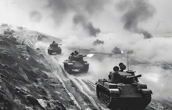 Dust, Smoke, Shot, Tanks, Digital art, Black and white, AI art, The Art of Artificial …