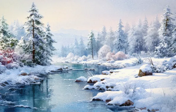 Winter, forest, snow, trees, landscape, nature, shore, picture