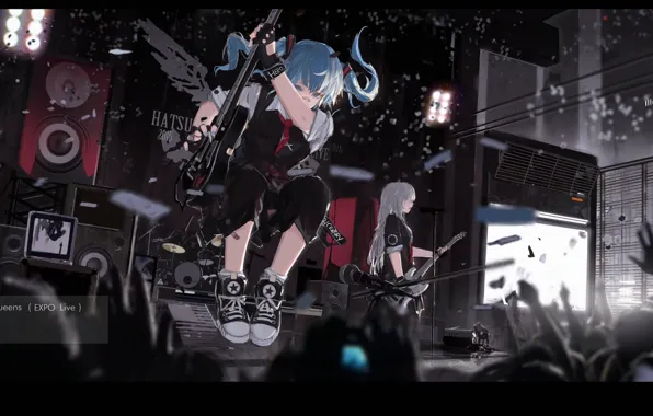 Picture girl, sign, guitar, group, anime, hands, art, concert