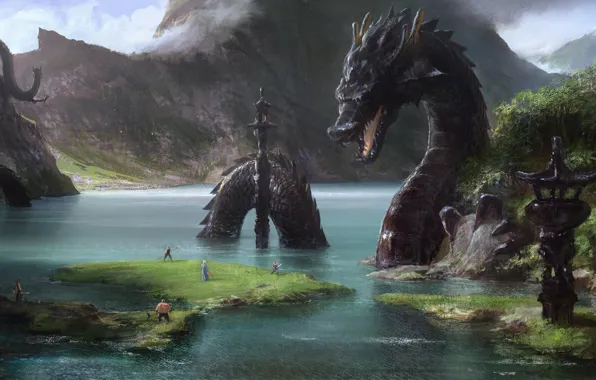 River, people, rocks, Asia, dragons, art, structure, giant