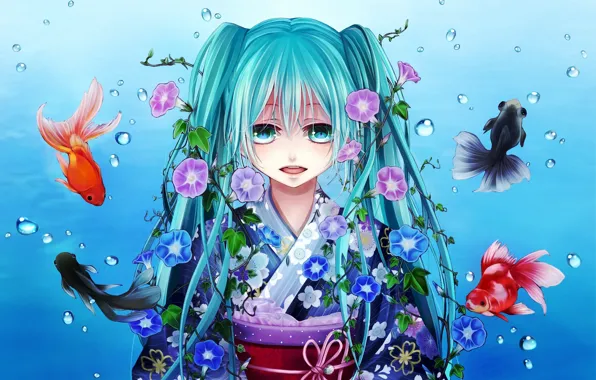 Girl, fish, fish, flowers, bubbles, art, kimono, vocaloid