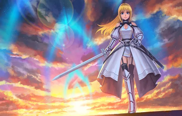 Picture the sky, look, girl, clouds, light, sunset, sword, dress