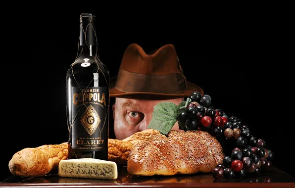 Picture eyes, wine, bottle, man, hat, cheese, bread, grapes