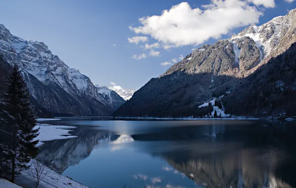 Winter, snow, mountains, lake