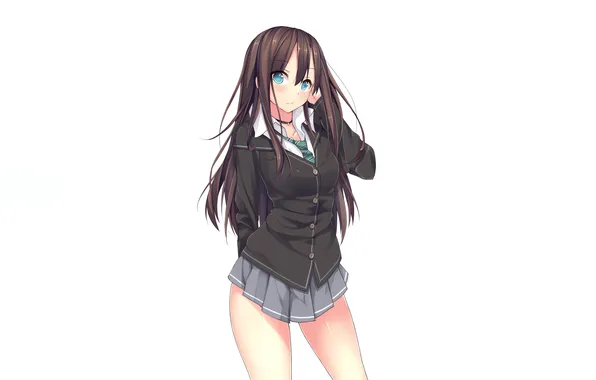 Girl, sexy, school uniform, green eyes, long hair, brown hair, sexy girl, anime
