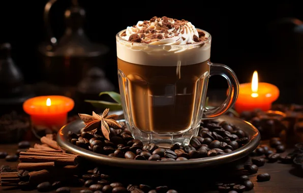 Glass, light, the dark background, table, fire, Board, coffee, candles