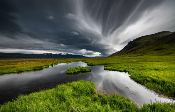 The sky, grass, clouds, mountains, clouds, Iceland