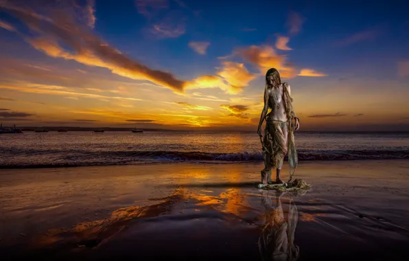 Sea, erotic, girl, sunset, shore, body, Nude, pond