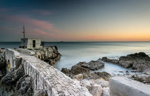 Sea, the sky, bridge, stones, wall, shore, the evening, the fence