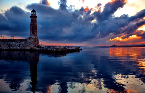 The sky, clouds, sunset, reflection, lighthouse