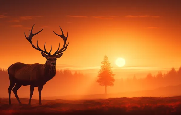 Picture The sun, Trees, Dawn, Deer, Horns, Digital art, AI art, The Art of Artificial Intelligence